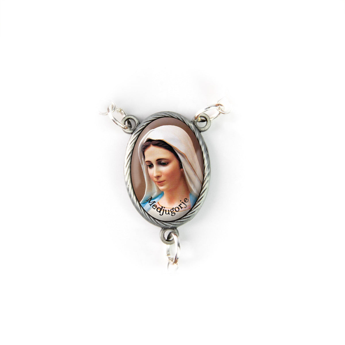 Oval silver-tone Virgin Mary Medjugorje centerpiece with detailed portrait and delicate rope-edge frame on rosary connector