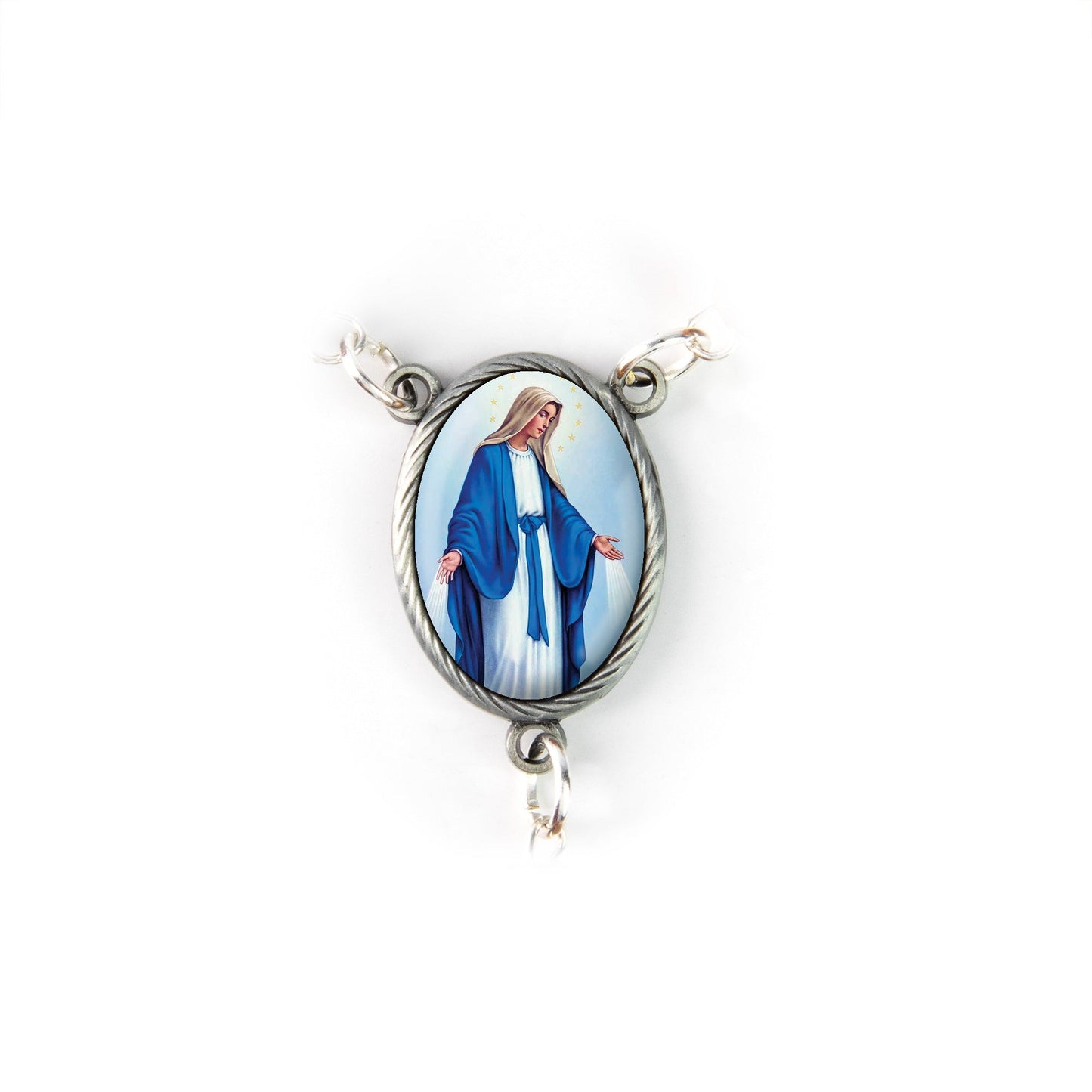 Oval Our Lady of Grace medal with detailed enamel image in silver-tone frame and chain attachment loops