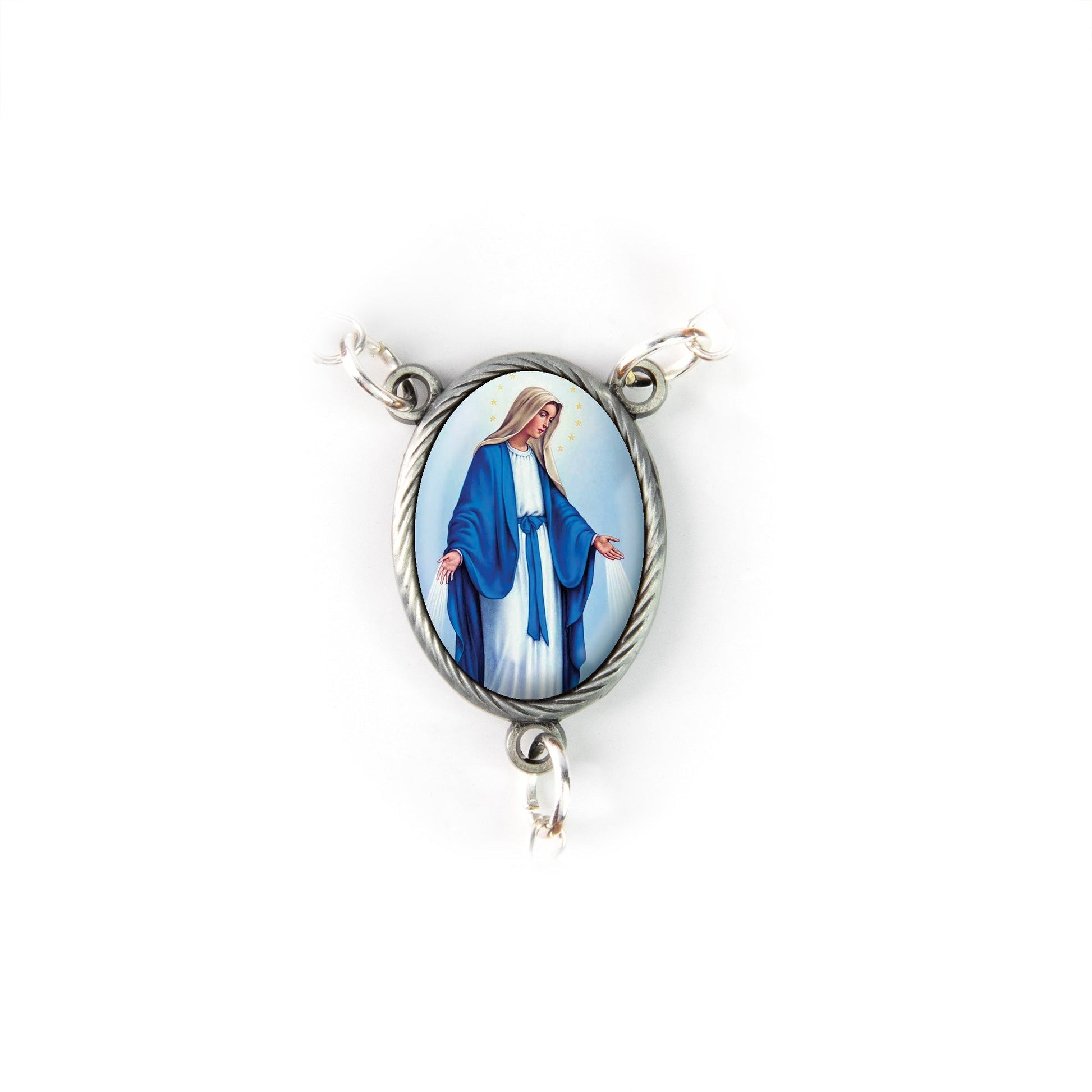 Oval Our Lady of Grace medal with detailed enamel image in silver-tone frame and chain attachment loops