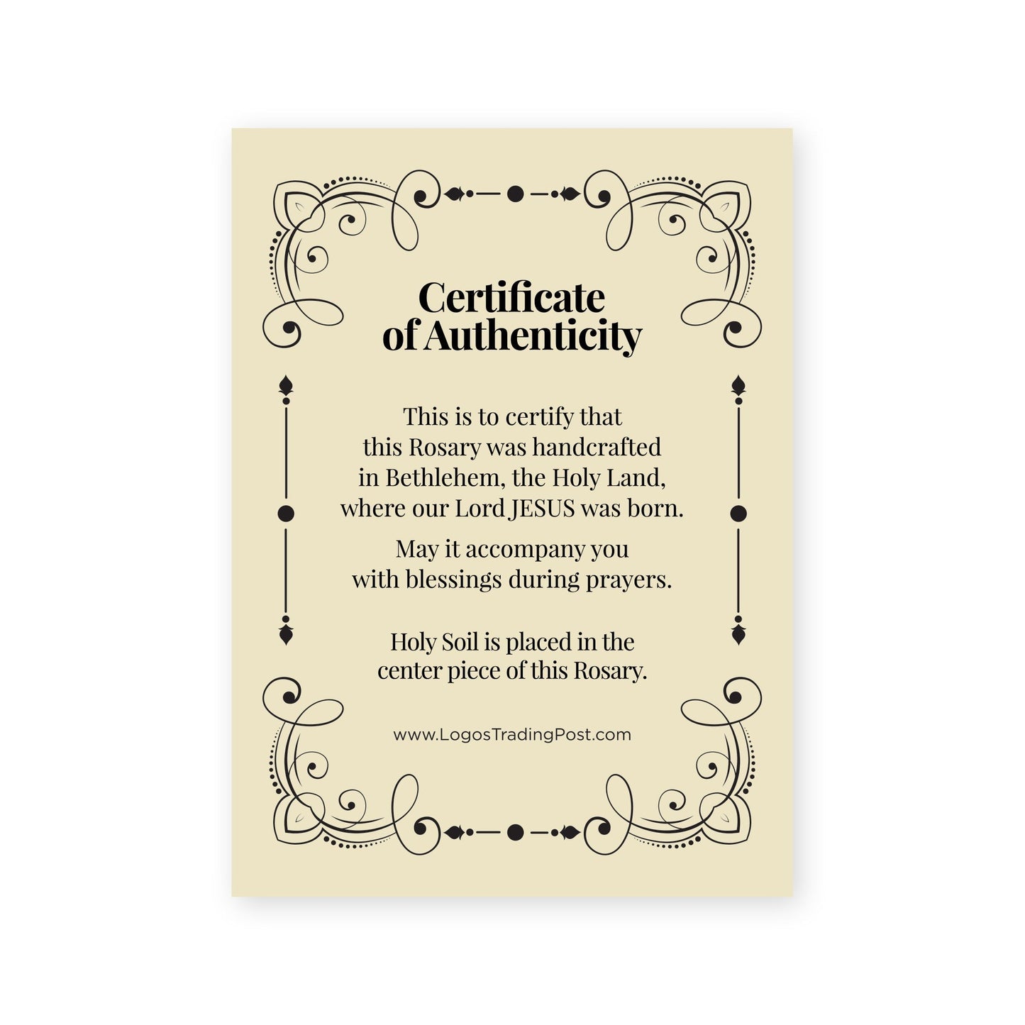 Certificate of Authenticity for handcrafted Bethlehem rosary with Holy Soil in centerpiece and decorative border design