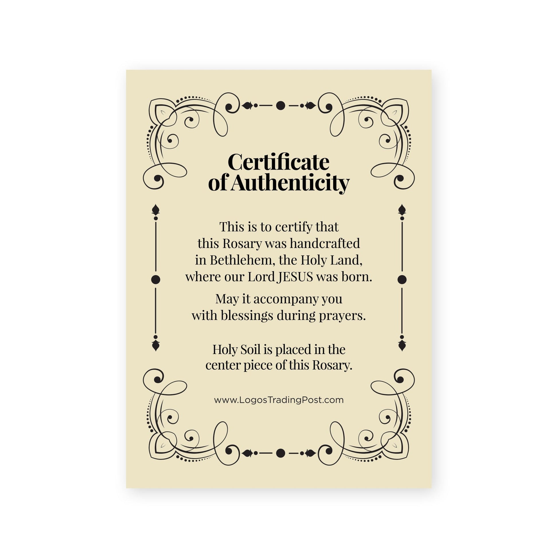 Certificate of Authenticity for handcrafted Bethlehem rosary with Holy Soil in centerpiece and decorative border design