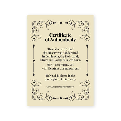 Certificate of Authenticity for handcrafted Bethlehem rosary with Holy Soil in centerpiece and decorative border design