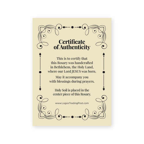 Certificate of Authenticity for handcrafted Bethlehem rosary with Holy Soil in centerpiece and decorative border design