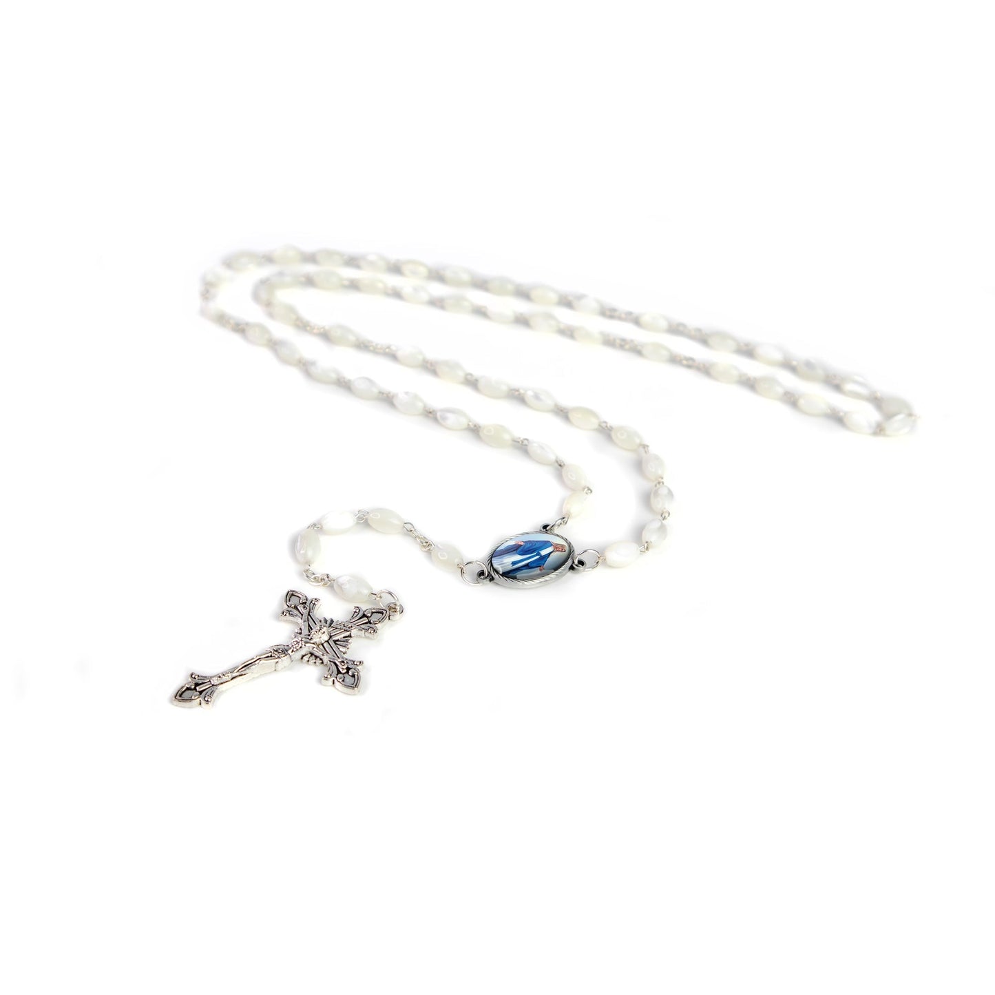 22-inch Our Lady of Grace rosary with genuine Mother of Pearl beads, silver crucifix, and oval medal centerpiece