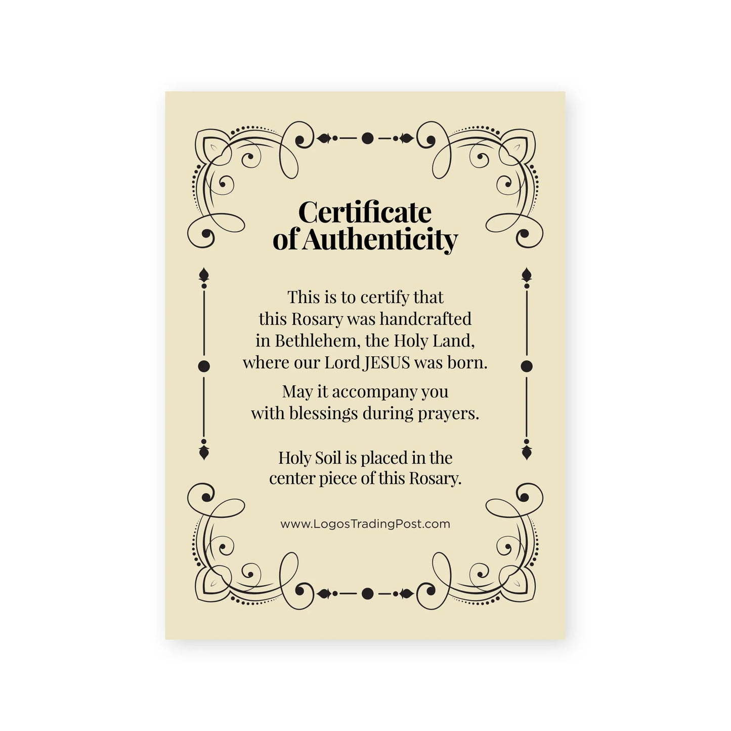 Certificate of Authenticity for rosary handcrafted in Bethlehem with Holy Soil embedded in center piece and decorative border