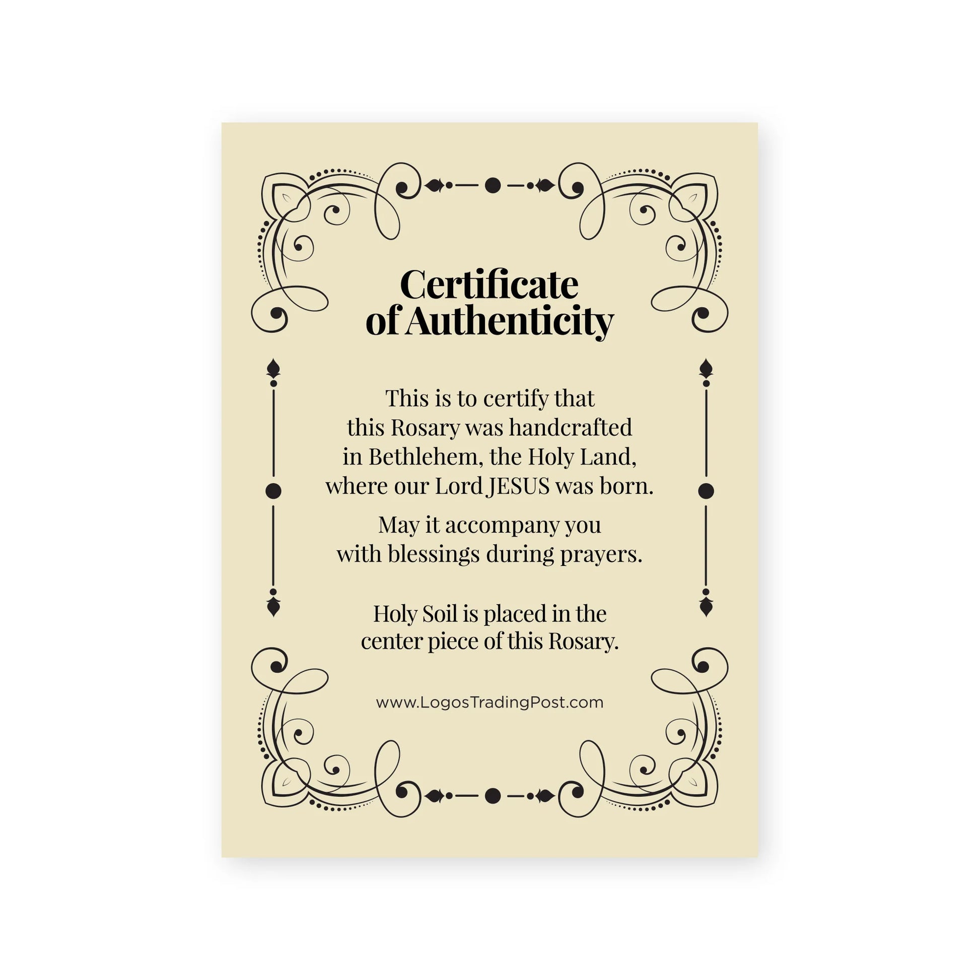 Certificate of Authenticity for rosary handcrafted in Bethlehem with Holy Soil embedded in center piece and decorative border