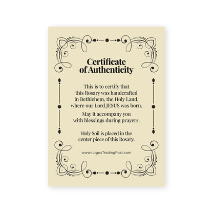 Certificate of Authenticity for rosary handcrafted in Bethlehem with Holy Soil embedded in center piece and decorative border