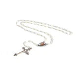 22" Our Lady of Medjugorje rosary with polished Mother of Pearl beads, oval Virgin Mary medal, and silver crucifix pendant