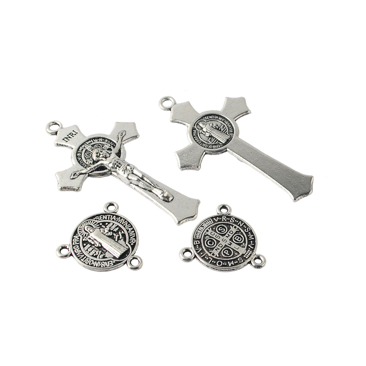 Set of detailed silver St. Benedict crucifix and two round St. Benedict medals with engraved inscriptions for rosary making
