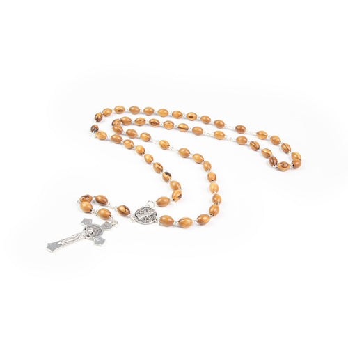 22.5" St. Benedict rosary with natural olive wood beads, silver crucifix, and detailed St. Benedict centerpiece