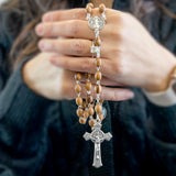 22.5" Holy Land olive wood rosary with detailed St. Benedict silver crucifix and metal chain beads