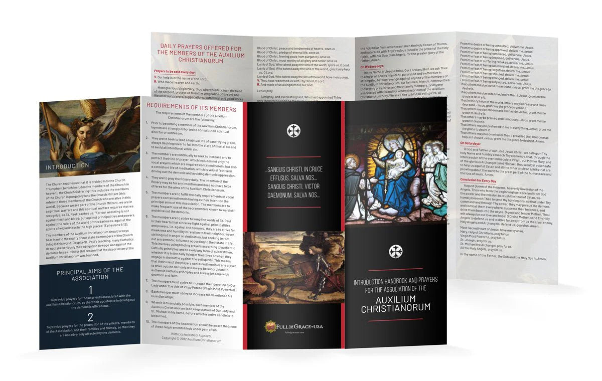 Tri-fold prayer booklet with stained glass images and daily prayers for the Auxilium Christianorum spiritual protection program