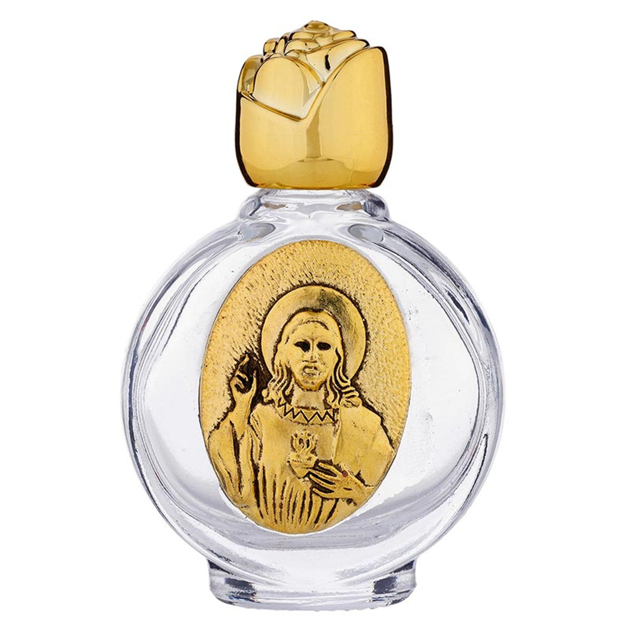 3" Sacred Heart of Jesus holy water glass bottle with gold-tone cap and detailed religious medallion design