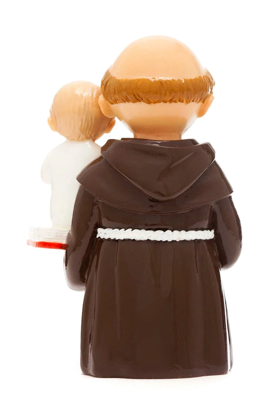 3.5" Saint Anthony Collectors Edition figurine in brown robe holding small white statue viewed from back on white background