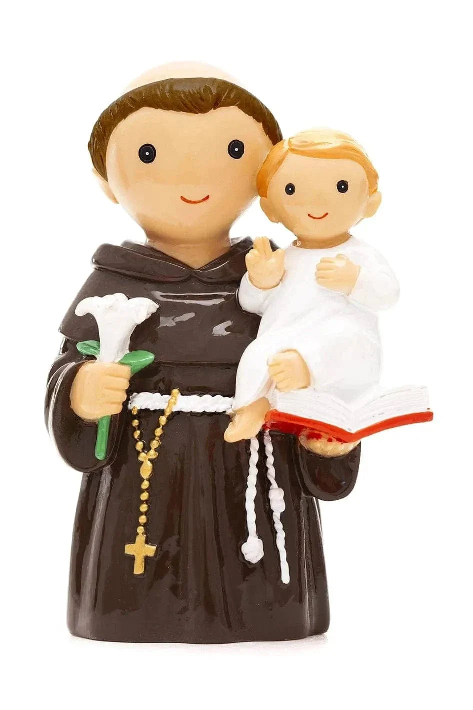 3.5" Saint Anthony collectors figurine holding baby Jesus with lily and open book in brown robe