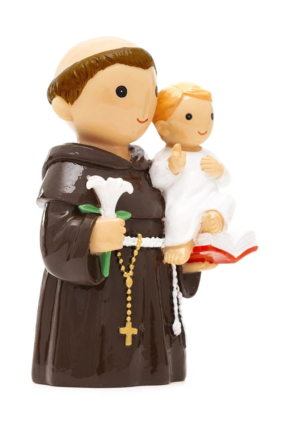 3.5" Saint Anthony figurine holding baby Jesus and white lily with rosary beads in brown robes on white background