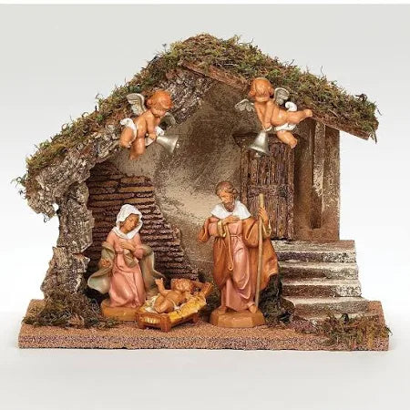 3-Piece Nativity Set by Fontanini with Mary, Joseph, Baby Jesus, angels, and rustic moss-covered stable display