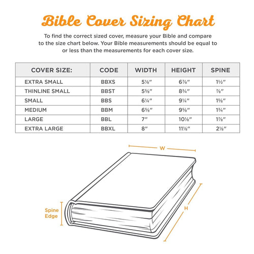 Bible cover sizing chart with measurements for width, height, and spine for six cover sizes from extra small to extra large