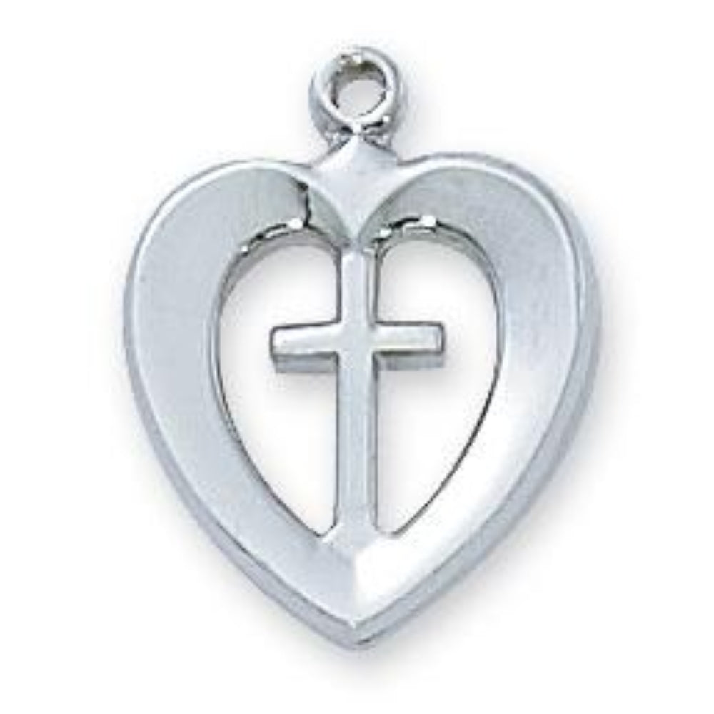 Corazón y cruz de plata esterlina (1/2 ") en cadena de 18" (L419)