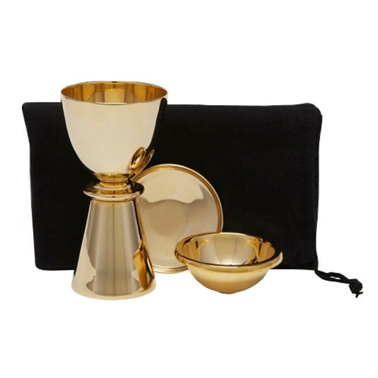 5" gold-toned traveling chalice set with host bowl, lid, and black carrying pouch on white background