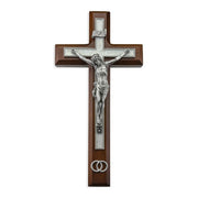 Walnut Wood and Pearlized Cross with a Pewter Corpus and Wedding Rings 10" - Unique Catholic Gifts
