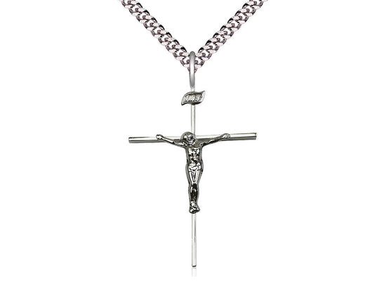 Sterling Silver Crucifix Pendant on a 24 inch Light Rhodium Heavy Curb Chain - Unique Catholic Gifts