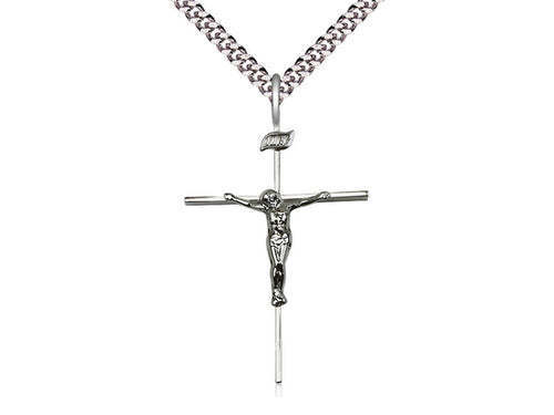 Sterling Silver Crucifix Pendant on a 24 inch Light Rhodium Heavy Curb Chain - Unique Catholic Gifts