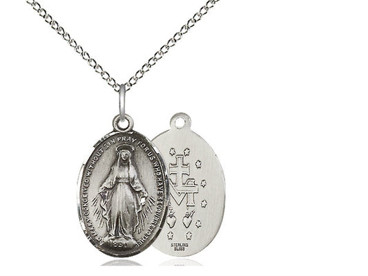 Sterling Silver Miraculous Pendant on a 18 inch Sterling Silver Light Curb Chain - Unique Catholic Gifts
