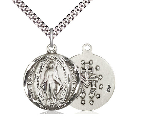 Sterling Silver Miraculous Pendant on a 24 inch Light Rhodium Heavy Curb Chain - Unique Catholic Gifts