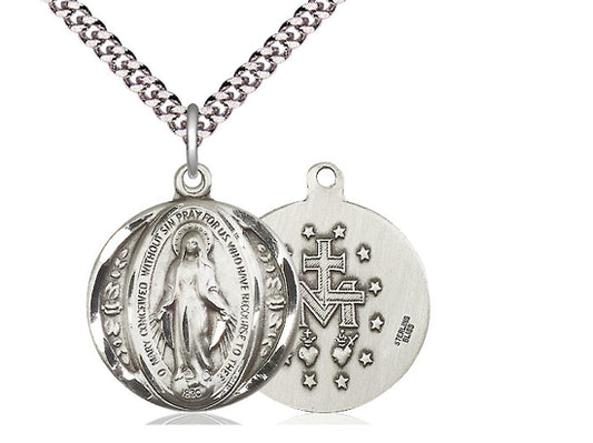 Sterling Silver Miraculous Pendant on a 24 inch Light Rhodium Heavy Curb Chain - Unique Catholic Gifts
