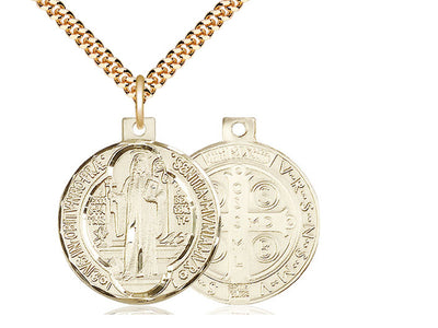 14kt Gold Filled St Benedict Pendant on a 24 inch Gold Plate Heavy Curb Chain 3/4