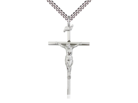 Sterling Silver Crucifix Pendant on a 24 inch Light Rhodium Heavy Curb Chain - Unique Catholic Gifts