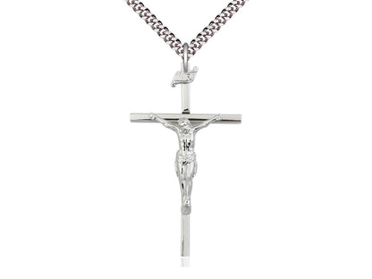 Sterling Silver Crucifix Pendant on a 24 inch Light Rhodium Heavy Curb Chain - Unique Catholic Gifts