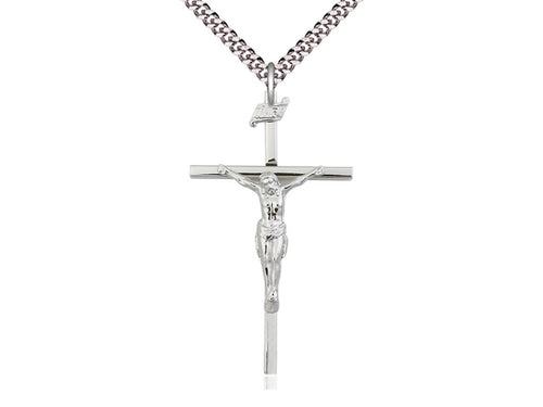 Sterling Silver Crucifix Pendant on a 24 inch Light Rhodium Heavy Curb Chain - Unique Catholic Gifts