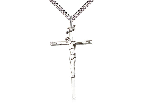 Sterling Silver Crucifix Pendant on a 24 inch Light Rhodium Heavy Curb Chain - Unique Catholic Gifts