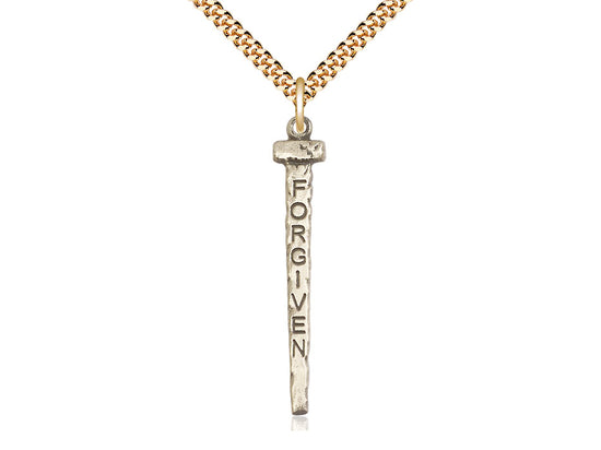 14kt Gold Filled Forgiven Nail Pendant on a 24 inch Gold Plate Heavy Curb Chain - Unique Catholic Gifts