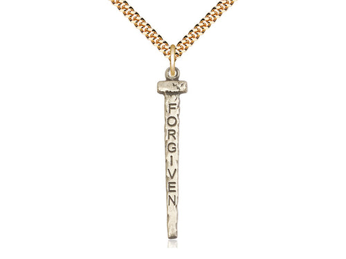 14kt Gold Filled Forgiven Nail Pendant on a 24 inch Gold Plate Heavy Curb Chain - Unique Catholic Gifts