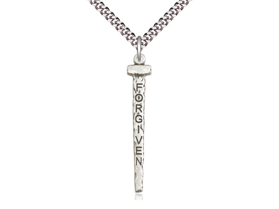 Sterling Silver Forgiven Nail Pendant on a 24 inch Light Rhodium Heavy Curb Chain - Unique Catholic Gifts
