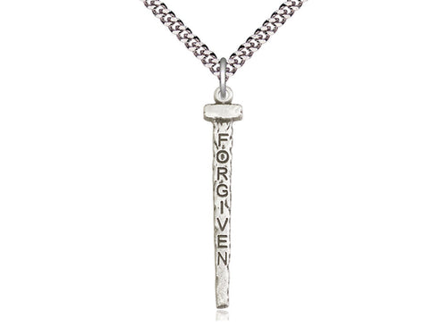 Sterling Silver Forgiven Nail Pendant on a 24 inch Light Rhodium Heavy Curb Chain - Unique Catholic Gifts