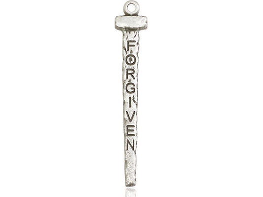 Sterling Silver Forgiven Nail Pendant on a 24 inch Light Rhodium Heavy Curb Chain - Unique Catholic Gifts
