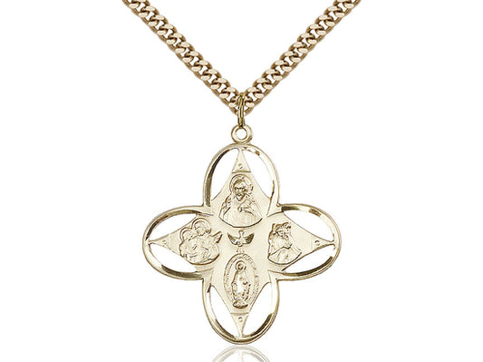 14kt Gold Filled 4-Way Pendant on a 24 inch Gold Plate Heavy Curb Chain - Unique Catholic Gifts