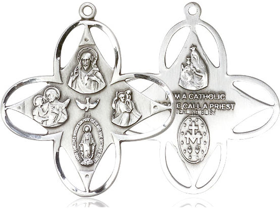 Sterling Silver 4-Way Pendant on a 24 inch Light Rhodium Heavy Curb Chain - Unique Catholic Gifts