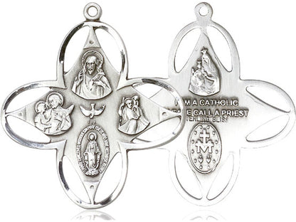 Sterling Silver 4-Way Pendant on a 24 inch Light Rhodium Heavy Curb Chain - Unique Catholic Gifts