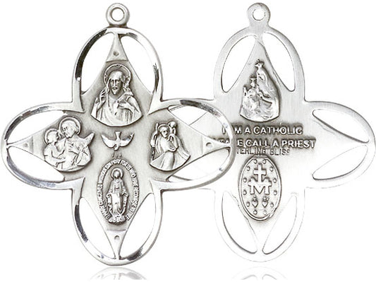 Sterling Silver 4-Way Pendant on a 24 inch Light Rhodium Heavy Curb Chain - Unique Catholic Gifts
