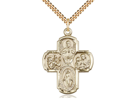 14kt Gold Filled 5-Way Pendant on a 24 inch Gold Plate Heavy Curb Chain. - Unique Catholic Gifts