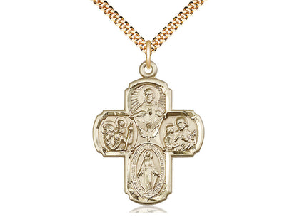 14kt Gold Filled 5-Way Pendant on a 24 inch Gold Plate Heavy Curb Chain. - Unique Catholic Gifts