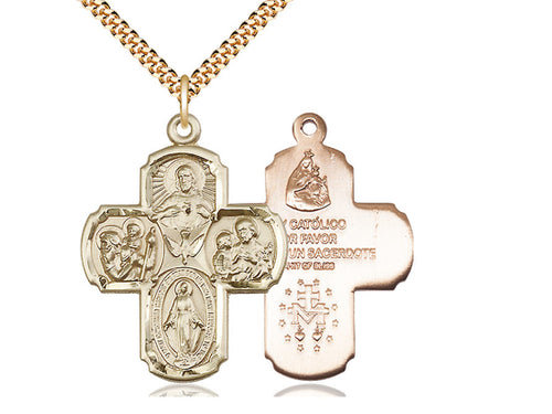 14kt Gold Filled 4-Way Pendant on a 24 inch Gold Plate Heavy Curb Chain - Unique Catholic Gifts