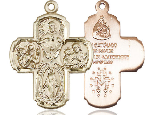 14kt Gold Filled 4-Way Pendant on a 24 inch Gold Plate Heavy Curb Chain - Unique Catholic Gifts