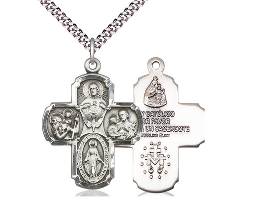 Sterling Silver 4-Way Pendant on a 24 inch Light Rhodium Heavy Curb Chain - Unique Catholic Gifts