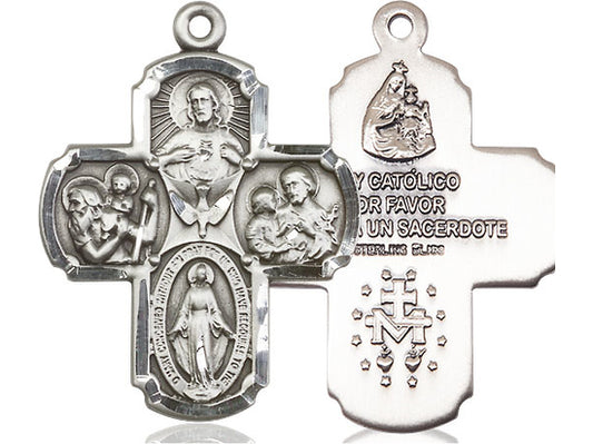 Sterling Silver 4-Way Pendant on a 24 inch Light Rhodium Heavy Curb Chain - Unique Catholic Gifts